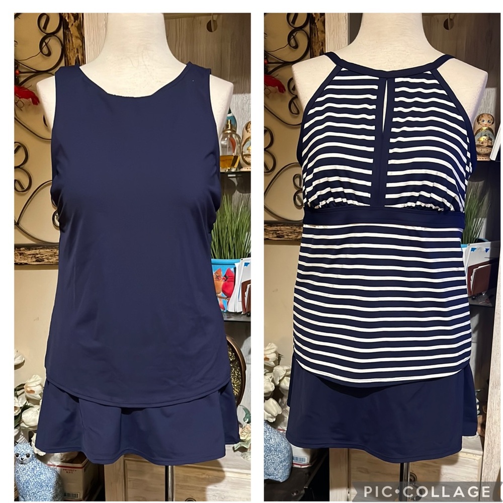 Lands’ End 2 Blue Sleeveless Tankini tops and one bottom skirt, vacation, cruise